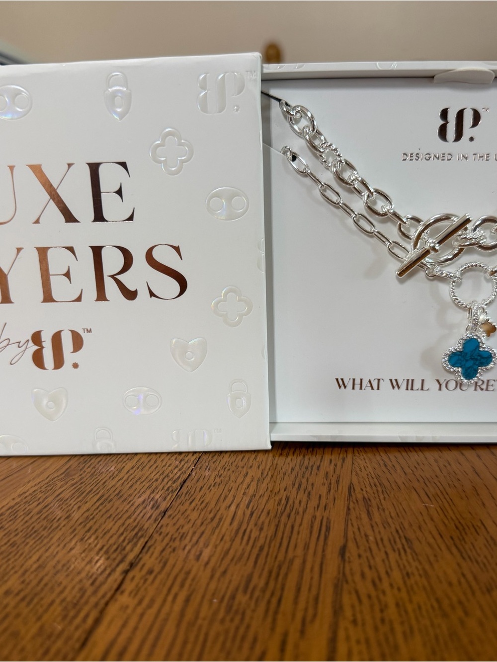 Silver Toggle Chain Necklace with Blue Clover Charm